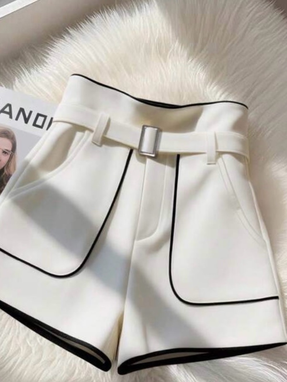 Womens White High-Waist Shorts with Black Piping belt does not come with shorts